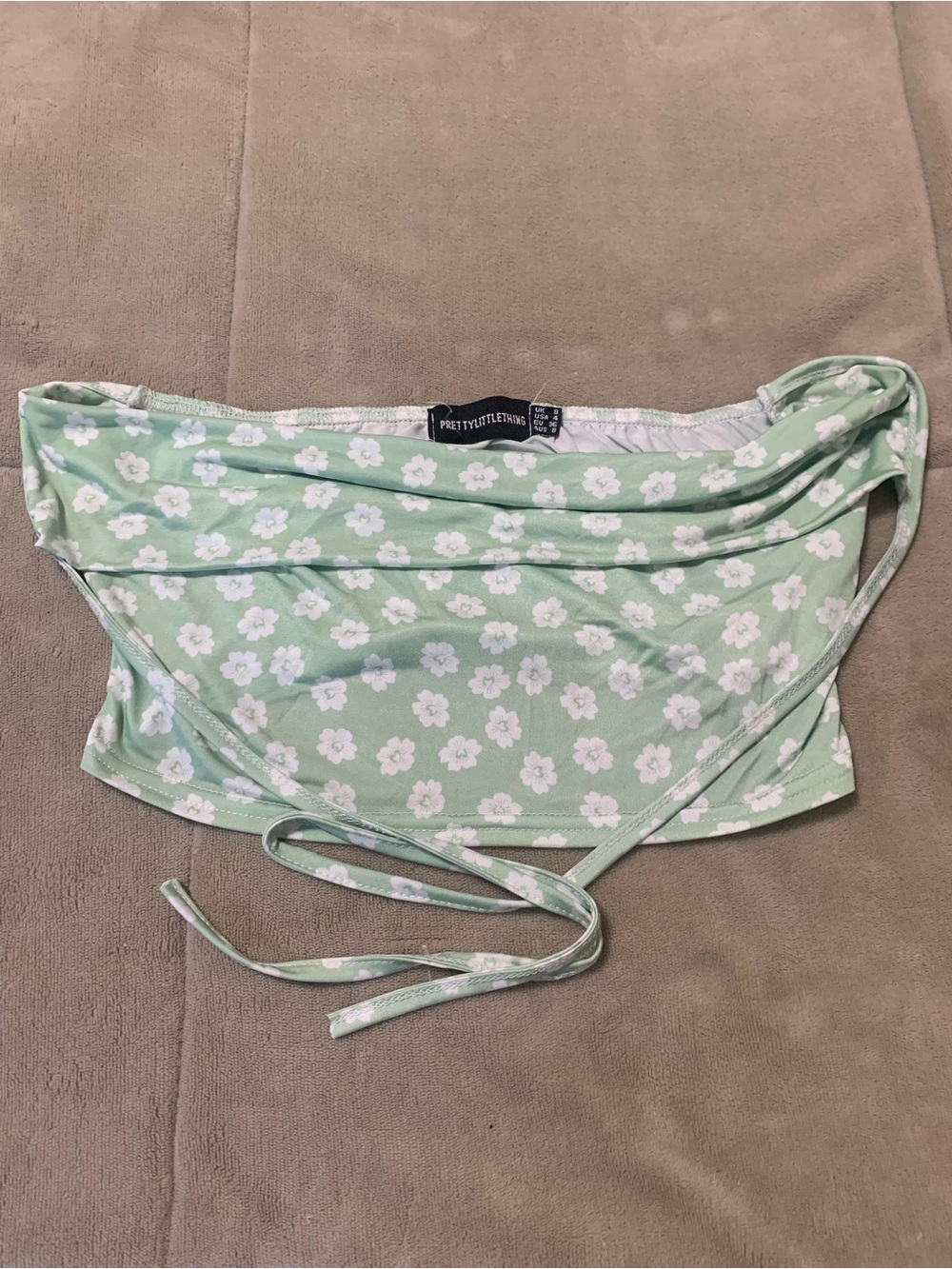 PrettyLittleThing Mint Green Floral Tie Waist Tube Top, Size: 4